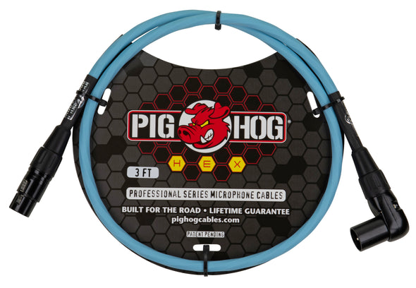 Pig Hog Hex Series Right Angle Mic Cable, 3ft - Daphne Blue