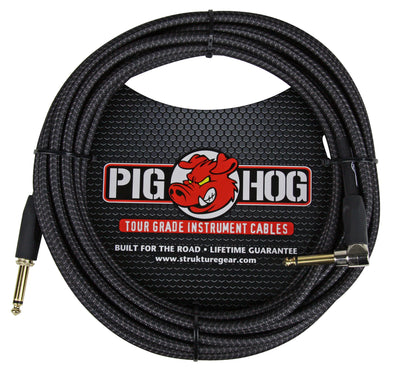 Pig Hog "Black Woven" Instrument Cable, 20ft Right Angle